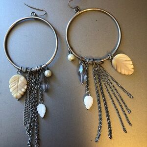Mother of Pearl Leaf and Silver Chain Beaded Hoop Earrings
